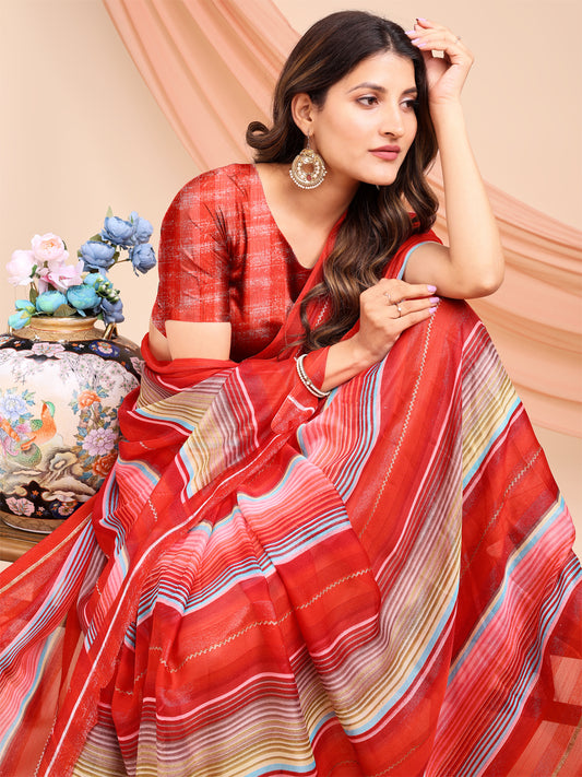 Leelavati Printed, Embellished, Embroidered Daily Wear Chiffon Saree (Red)