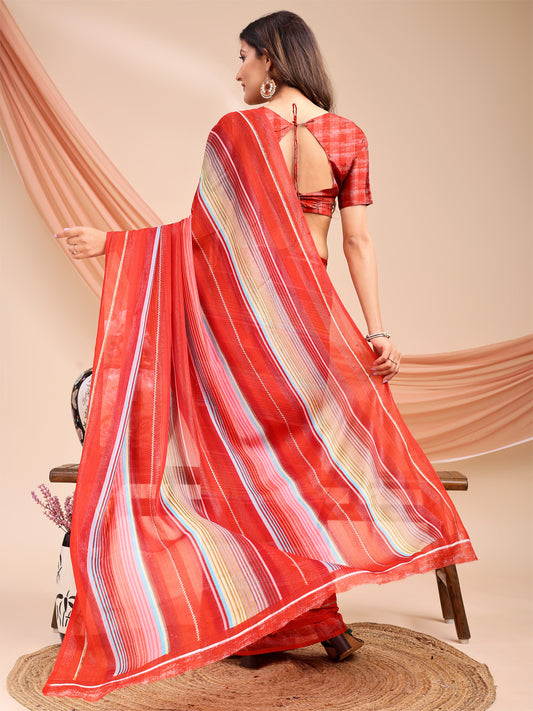 Leelavati Printed, Embellished, Embroidered Daily Wear Chiffon Saree (Red)