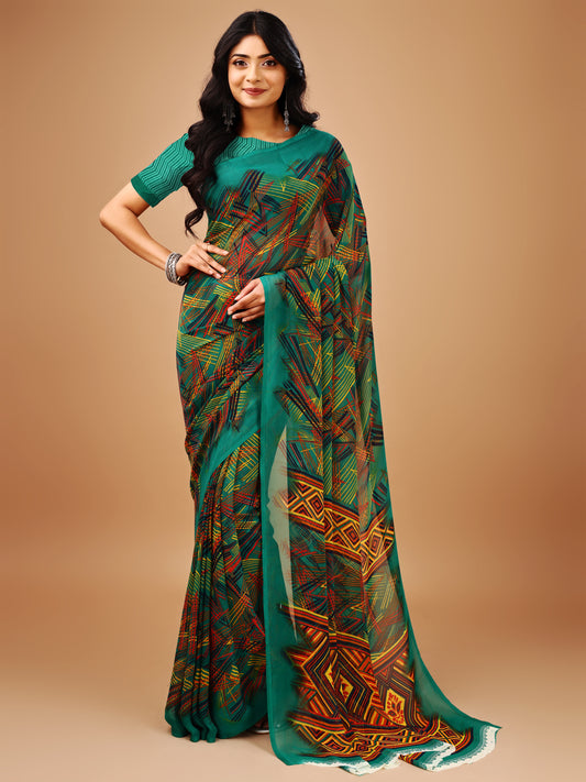 Leelavati Printed Bollywood Chiffon Saree (Blue)