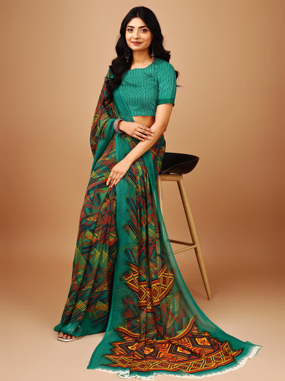 Leelavati Printed Bollywood Chiffon Saree (Blue)