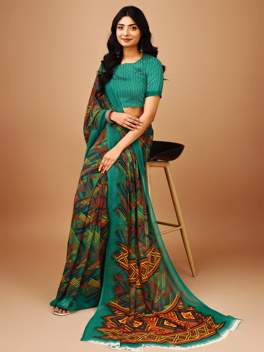 Leelavati Printed Bollywood Chiffon Saree (Blue)