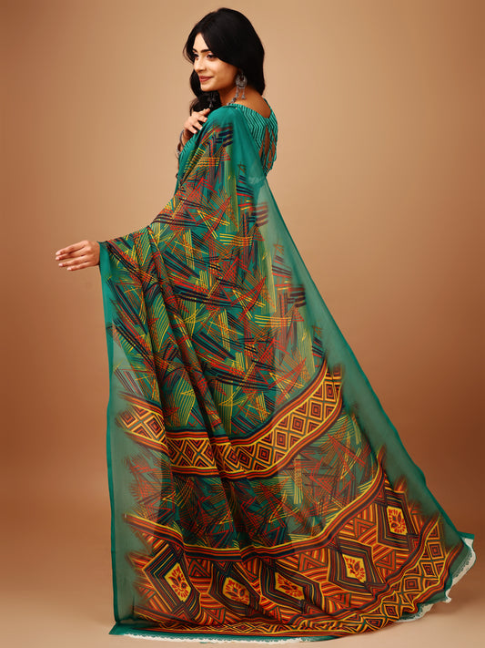 Leelavati Printed Bollywood Chiffon Saree (Blue)