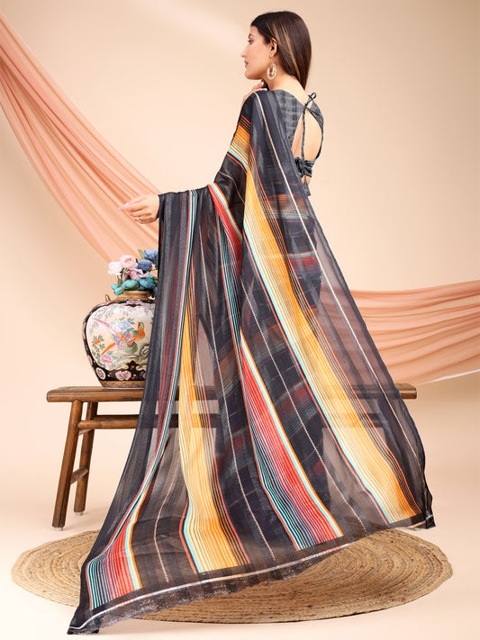 Leelavati Printed, Embellished, Embroidered Daily Wear Chiffon Saree (Grey)