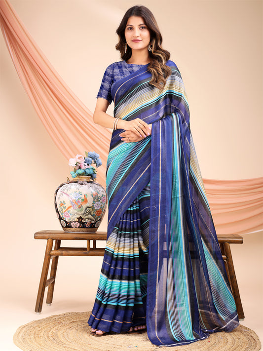 Leelavati Printed, Embellished, Embroidered Daily Wear Chiffon Saree (Blue, Light Blue)