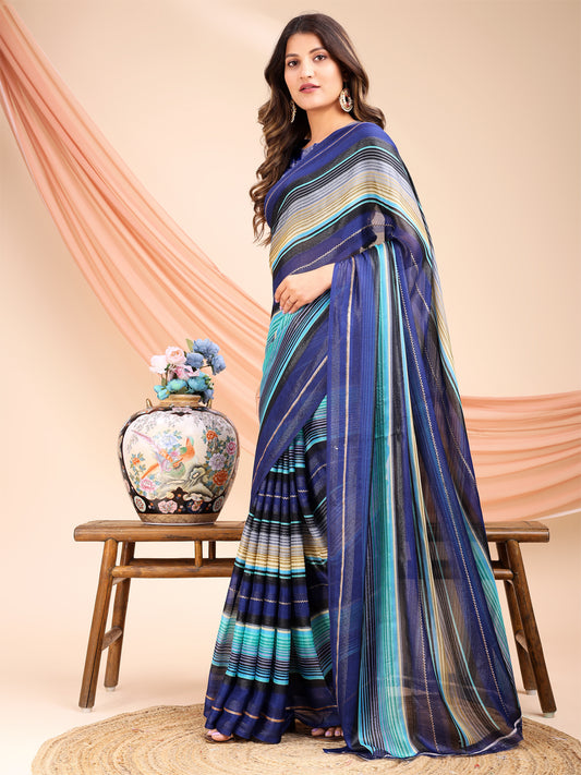 Leelavati Printed, Embellished, Embroidered Daily Wear Chiffon Saree (Blue, Light Blue)