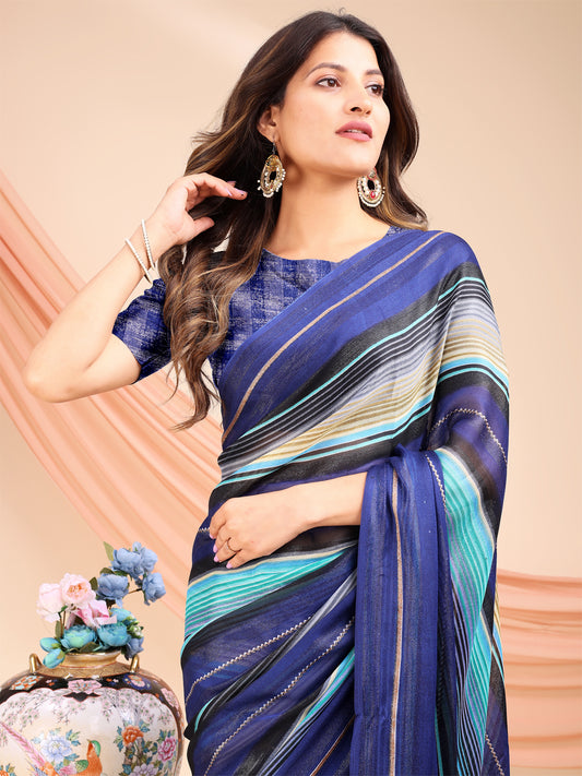 Leelavati Printed, Embellished, Embroidered Daily Wear Chiffon Saree (Blue, Light Blue)