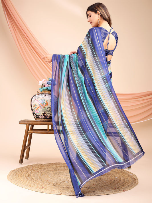 Leelavati Printed, Embellished, Embroidered Daily Wear Chiffon Saree (Blue, Light Blue)