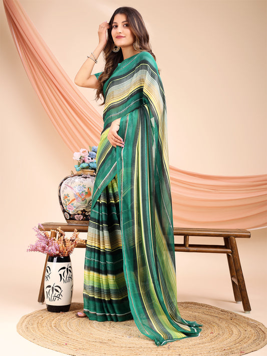Leelavati Printed, Embellished, Embroidered Daily Wear Chiffon Saree (Light Green)