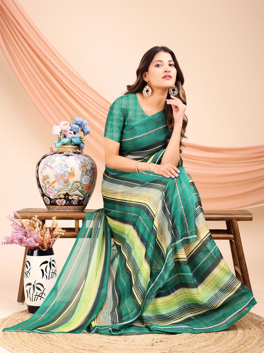 Leelavati Printed, Embellished, Embroidered Daily Wear Chiffon Saree (Light Green)