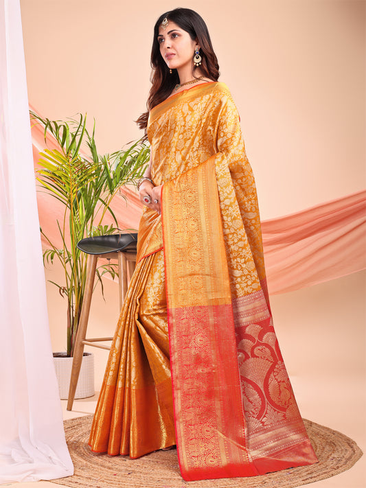 Leelavati Woven Kanjivaram Pure Silk, Jacquard Saree (Yellow, Red)