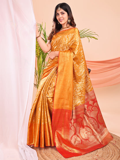 Leelavati Woven Kanjivaram Pure Silk, Jacquard Saree (Yellow, Red)
