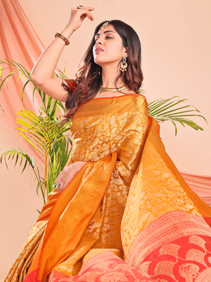 Leelavati Woven Kanjivaram Pure Silk, Jacquard Saree (Yellow, Red)