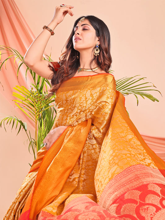 Leelavati Woven Kanjivaram Pure Silk, Jacquard Saree (Yellow, Red)