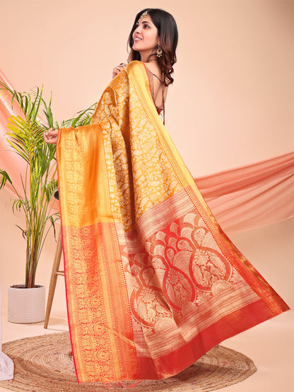 Leelavati Woven Kanjivaram Pure Silk, Jacquard Saree (Yellow, Red)