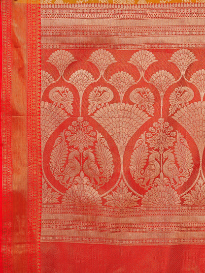 Leelavati Woven Kanjivaram Pure Silk, Jacquard Saree (Yellow, Red)