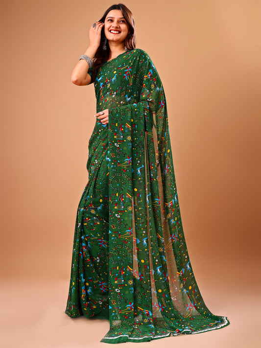 Leelavati Printed Bollywood Chiffon Saree (Green)