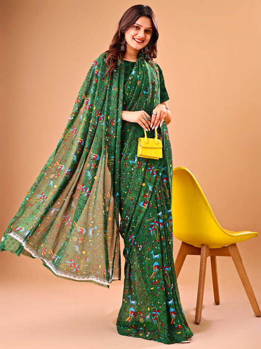 Leelavati Printed Bollywood Chiffon Saree (Green)