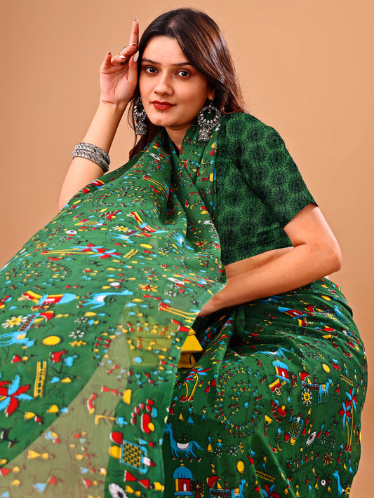Leelavati Printed Bollywood Chiffon Saree (Green)