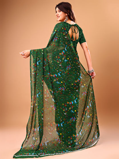 Leelavati Printed Bollywood Chiffon Saree (Green)