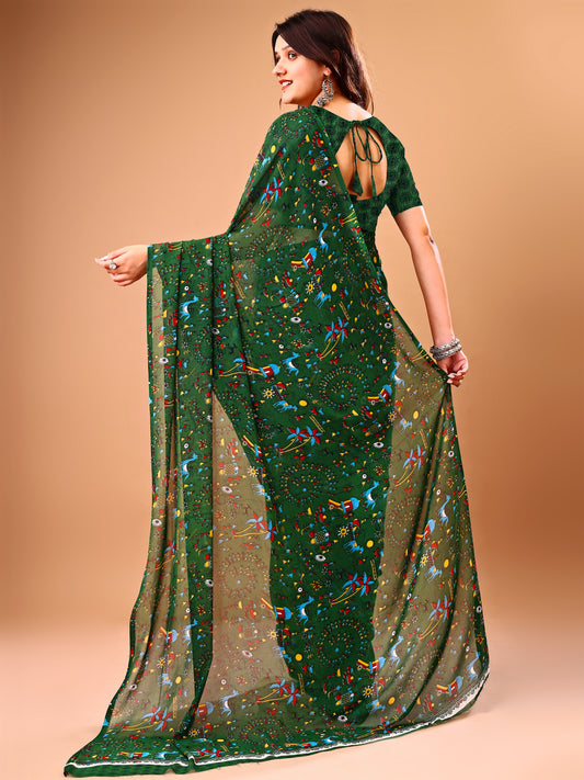 Leelavati Printed Bollywood Chiffon Saree (Green)
