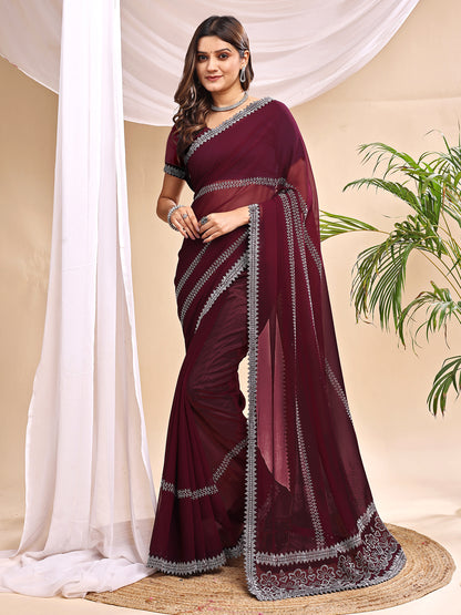 Leelavati Embroidered, Embellished Bollywood Georgette Saree (Dark Blue)