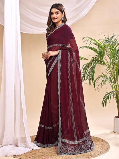 Leelavati Embroidered, Embellished Bollywood Georgette Saree (Dark Blue)