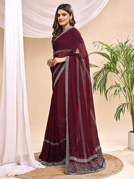 Leelavati Embroidered, Embellished Bollywood Georgette Saree (Dark Blue)