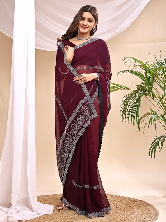 Leelavati Embroidered, Embellished Bollywood Georgette Saree (Dark Blue)