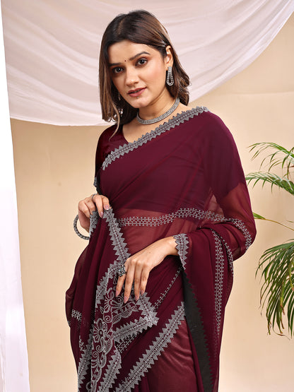 Leelavati Embroidered, Embellished Bollywood Georgette Saree (Dark Blue)