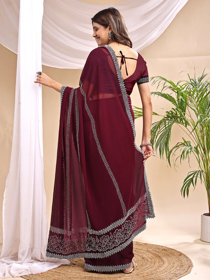 Leelavati Embroidered, Embellished Bollywood Georgette Saree (Dark Blue)