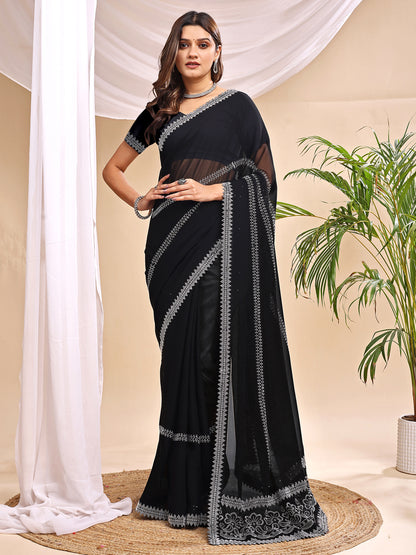 Leelavati Embroidered, Embellished Bollywood Georgette Saree (Black)