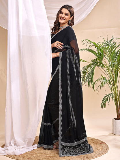 Leelavati Embroidered, Embellished Bollywood Georgette Saree (Black)