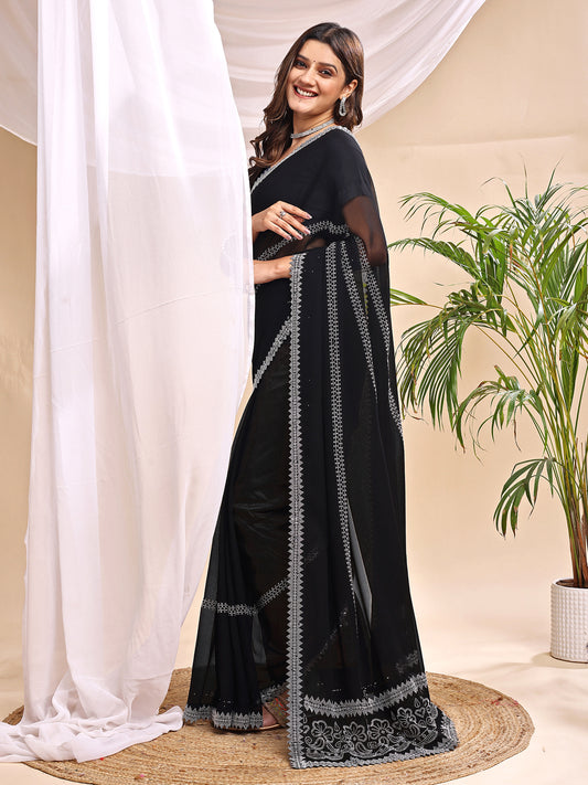 Leelavati Embroidered, Embellished Bollywood Georgette Saree (Black)