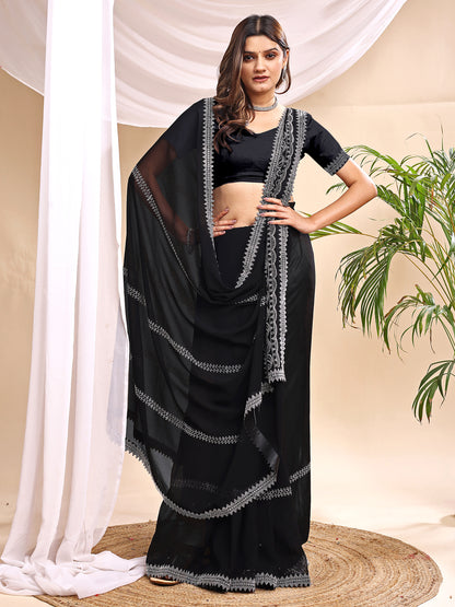 Leelavati Embroidered, Embellished Bollywood Georgette Saree (Black)
