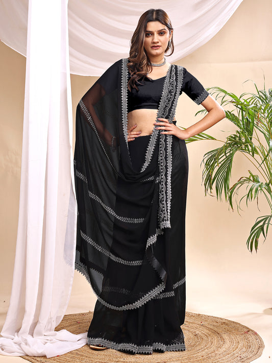 Leelavati Embroidered, Embellished Bollywood Georgette Saree (Black)