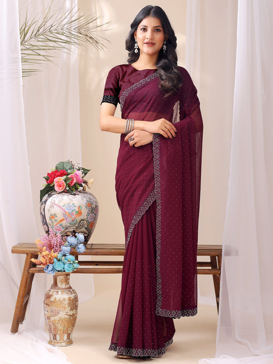 Leelavati Embroidered, Embellished Bollywood Georgette Saree (Maroon)