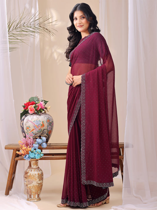 Leelavati Embroidered, Embellished Bollywood Georgette Saree (Maroon)
