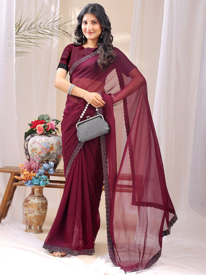 Leelavati Embroidered, Embellished Bollywood Georgette Saree (Maroon)