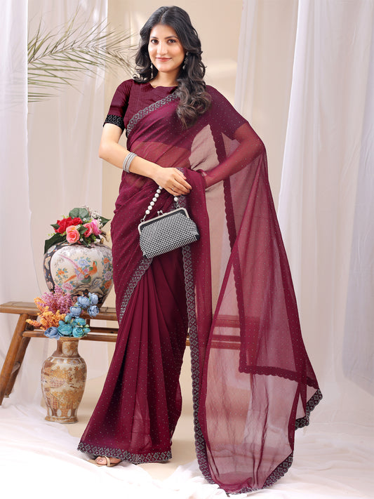 Leelavati Embroidered, Embellished Bollywood Georgette Saree (Maroon)