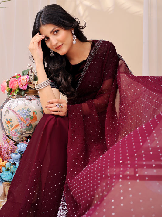 Leelavati Embroidered, Embellished Bollywood Georgette Saree (Maroon)