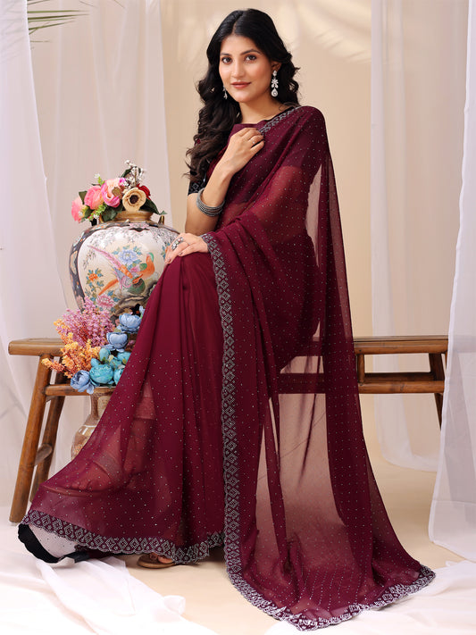 Leelavati Embroidered, Embellished Bollywood Georgette Saree (Maroon)