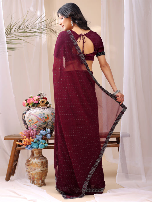 Leelavati Embroidered, Embellished Bollywood Georgette Saree (Maroon)
