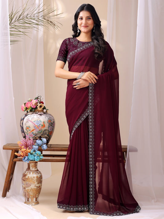 Leelavati Embroidered, Embellished Bollywood Georgette Saree (Maroon)