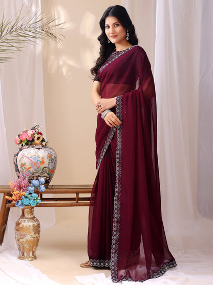 Leelavati Embroidered, Embellished Bollywood Georgette Saree (Maroon)