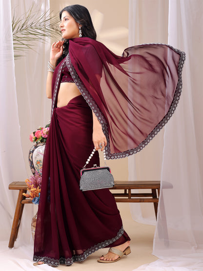 Leelavati Embroidered, Embellished Bollywood Georgette Saree (Maroon)