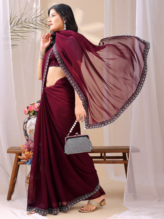 Leelavati Embroidered, Embellished Bollywood Georgette Saree (Maroon)