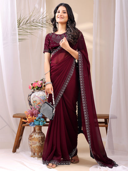 Leelavati Embroidered, Embellished Bollywood Georgette Saree (Maroon)