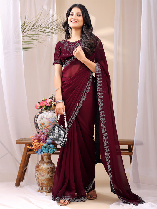 Leelavati Embroidered, Embellished Bollywood Georgette Saree (Maroon)