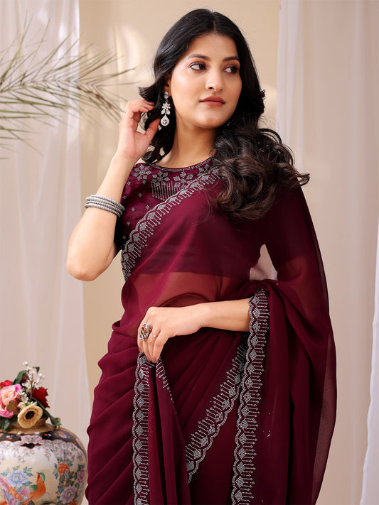 Leelavati Embroidered, Embellished Bollywood Georgette Saree (Maroon)