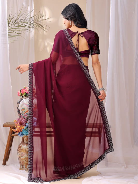 Leelavati Embroidered, Embellished Bollywood Georgette Saree (Maroon)